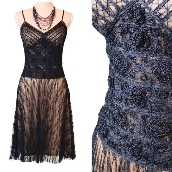 Sue Wong Y2K Black Gold Floral Crochet Lace Tank Midi Slip Dress Size 8